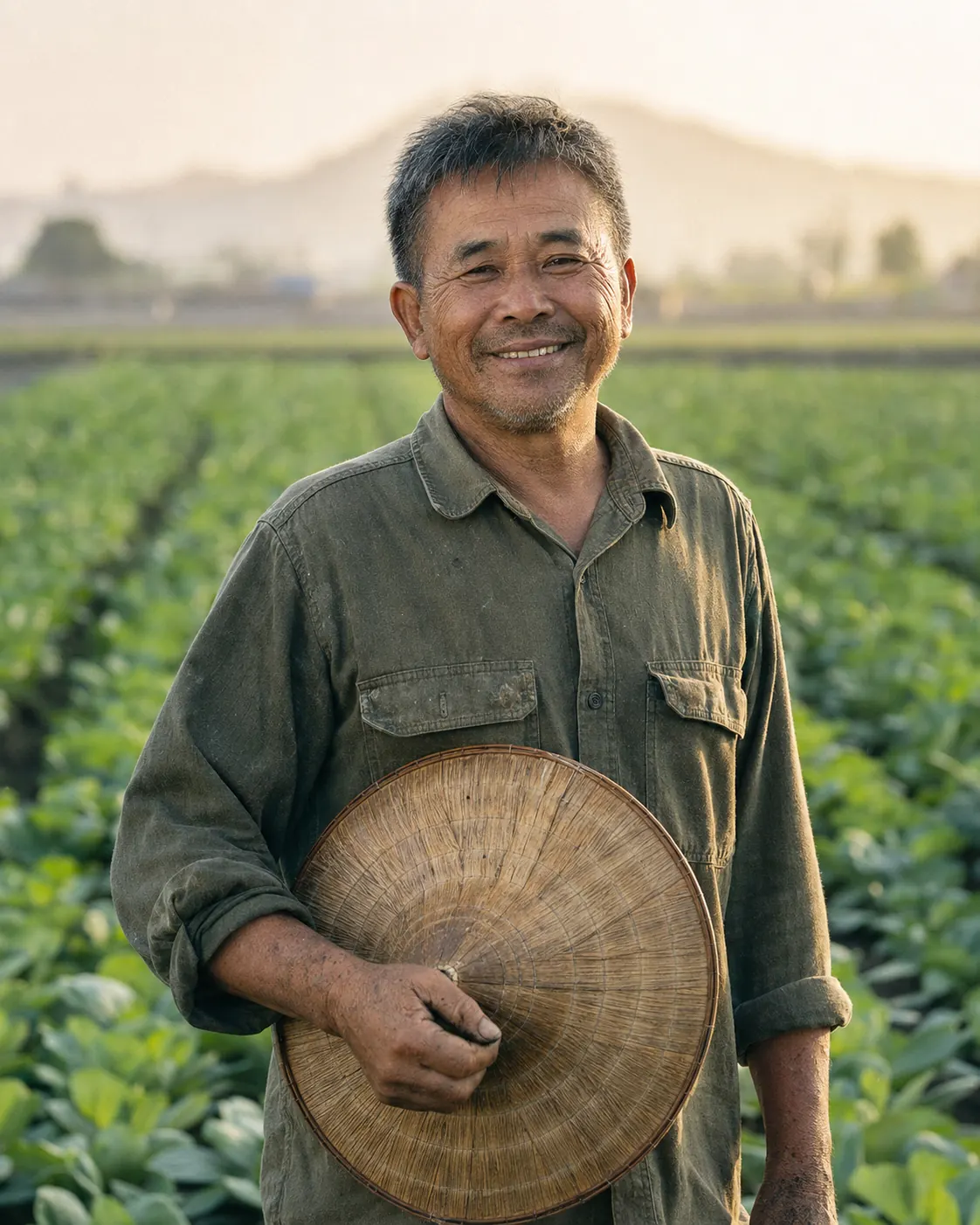 清晨的菜田裡，農民拿著斗笠站在青江菜田間，對著鏡頭微笑